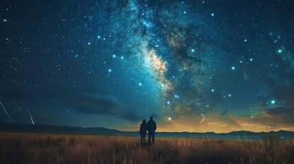 Fototapeta premium Couple stargazing together in a vast field under a starry sky with visible Milky Way