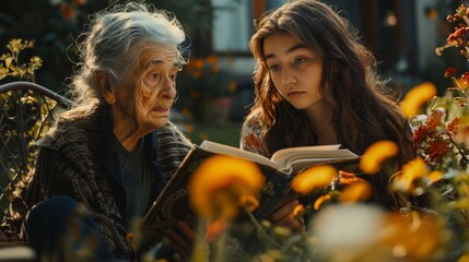 Elderly grandmother and granddaughter reading a book together in a garden at dusk