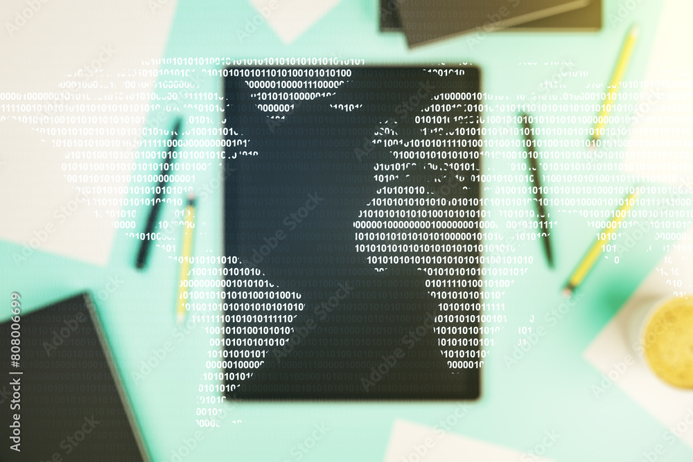 Aufkleber Double exposure of abstract digital world map and modern digital tablet on background, big data and blockchain concept