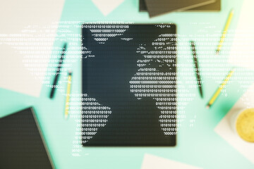 Double exposure of abstract digital world map and modern digital tablet on background, big data and blockchain concept