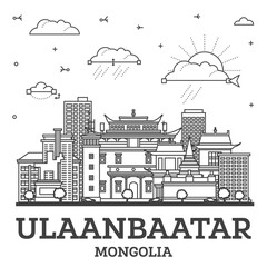 Outline Ulaanbaatar Mongolia City Skyline with Modern and Historic Buildings Isolated on White. Ulaanbaatar Cityscape with Landmarks.