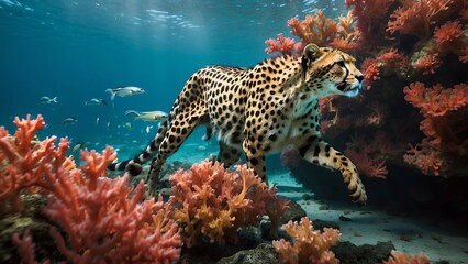 Beautiful leopard in the aquarium with colorful tropical fish and corals