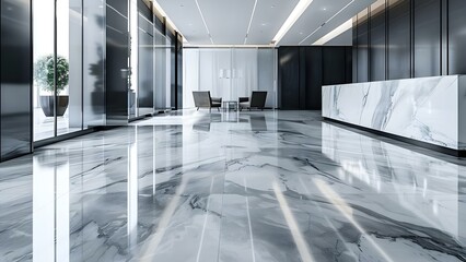 Elegant marble flooring in a modern commercial lobby of a luxury business center or hotel. Concept Marble Flooring, Modern Commercial Lobby, Luxury Business Center, Hotel Design, Elegant Décor