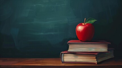 An apple on a stack of books in front of a chalkboard.