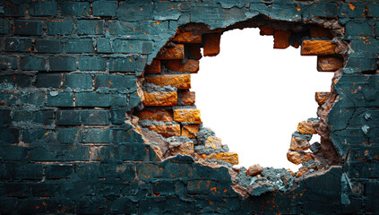 Hole in the wall of bricks against a transparent background. Symbol the concept of breaking through...