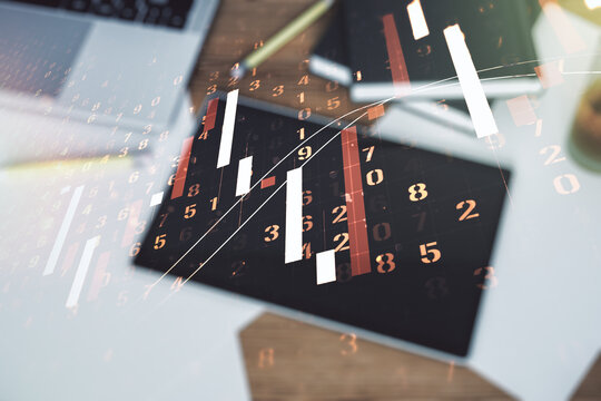 Double exposure of abstract creative financial diagram and modern digital tablet on background, banking and accounting concept