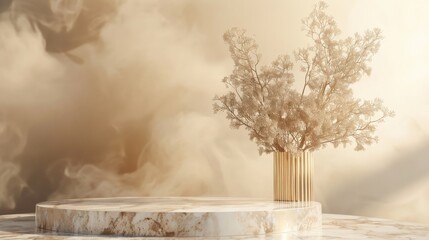 Marble podium with golden vase and pampas grass on beige background with fog.