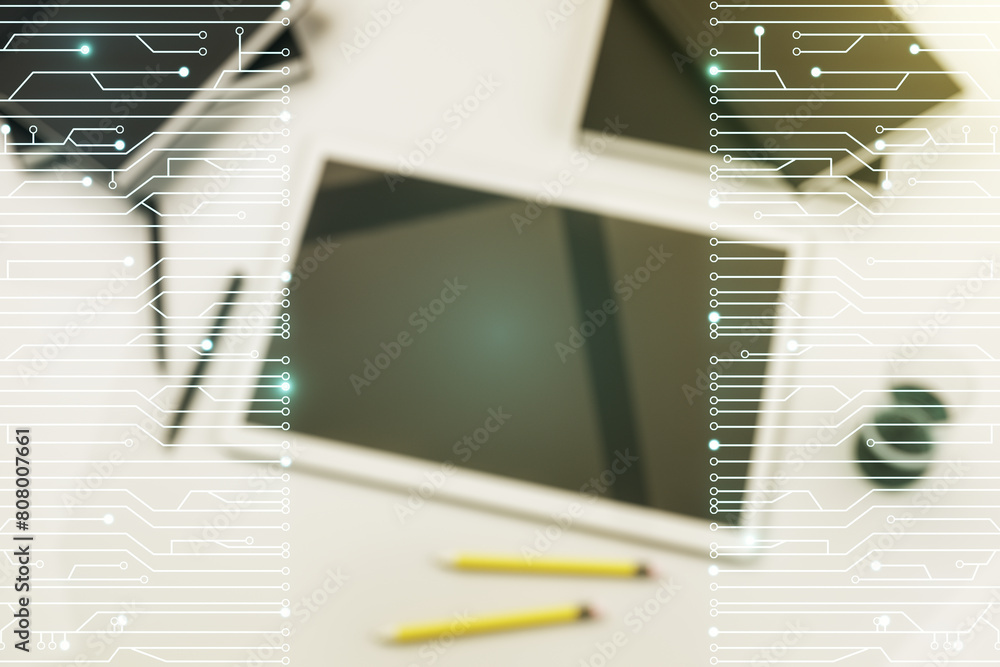 Poster Creative abstract micro circuit sketch and modern digital tablet on background, future technology and AI concept. Double exposure