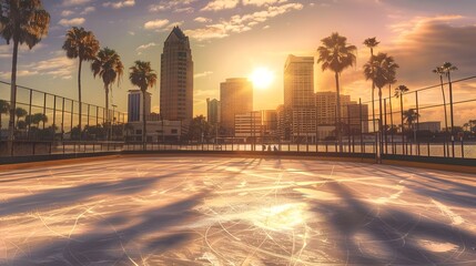 Picturesque Hockey Rink with Dramatic Tampa Bay Skyline at Sunset