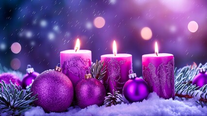 Advent purple candles with Christmas ornaments on a snowing night