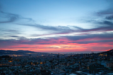 dawn, colored sky, morning city, mountains, houses