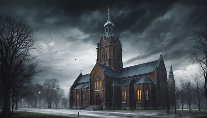 ominous stormy sky above a church building in the style of dark gothic watercolor - Powered by Adobe