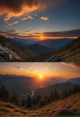 Collage of beautiful sunset in the mountains. Landscape photography.