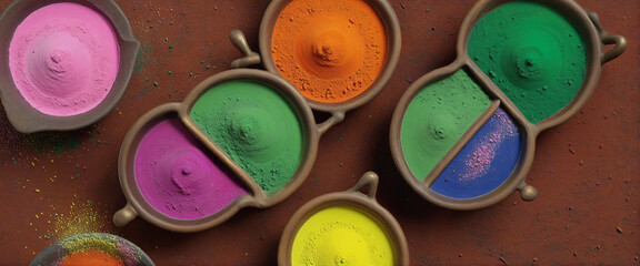 Holi colors or powder in traditional pot isolated on transparent background