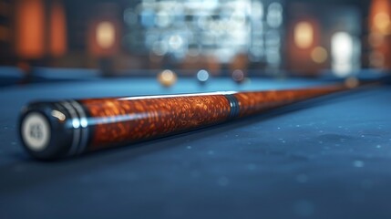 A closeup of Billiards Cue stick, against Table as background, hyperrealistic sports accessory...