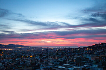 dawn, colored sky, morning city, mountains, houses