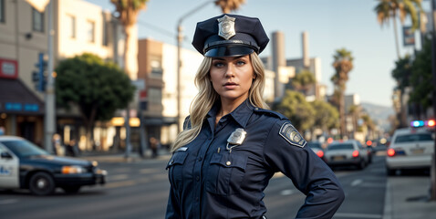 woman in a police uniform stands on a city street with cars and palm trees in the background.