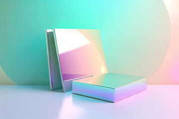 Mirror in metallic neon colors, soft pink, green and lilac pastel gradient background