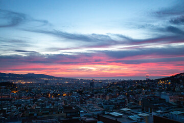 dawn, colored sky, morning city, mountains, houses
