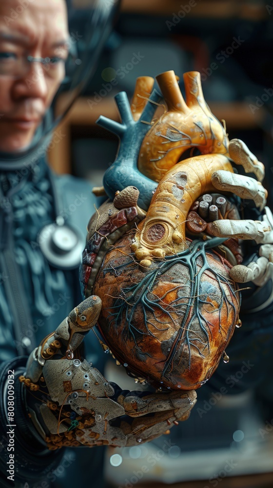 Poster biomedical engineer testing a new artificial heart valve in a simulated human circulatory system.
