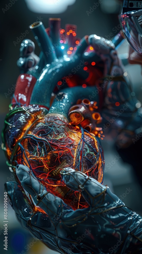 Poster biomedical engineer testing a new artificial heart valve in a simulated human circulatory system.