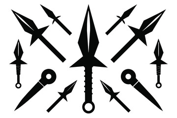 Set of Kunai Blade Icon, Ninja Weapons black Silhouette Design with white Background and Vector Illustration