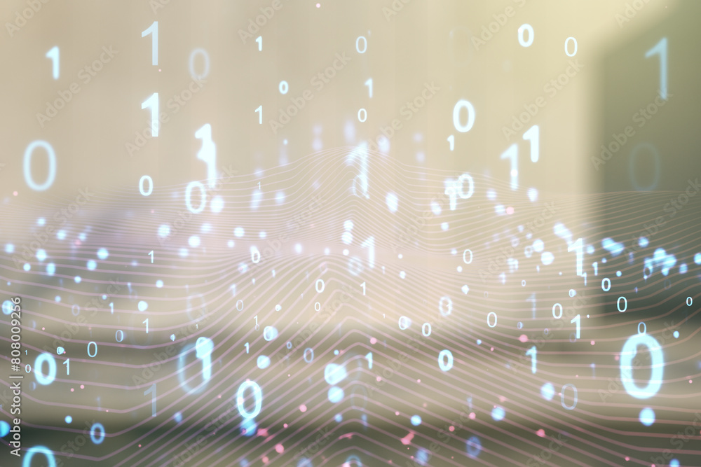 Aufkleber abstract virtual binary code hologram on blurry contemporary office building background, ai and mach