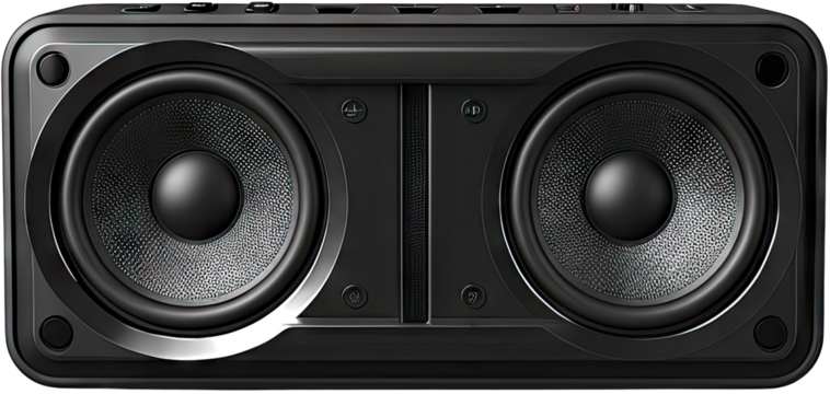 a pair of black computer speakers with two speakers on the front.