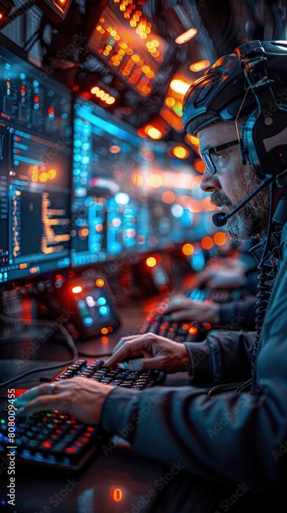 Poster cybersecurity experts analyzing threats on a network operations center big screen.
