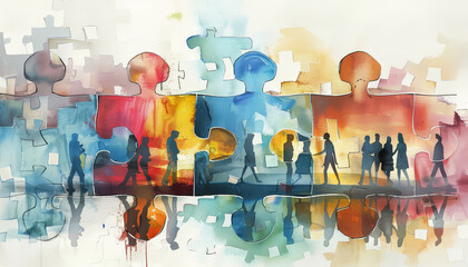 A colorful puzzle piece with people in it