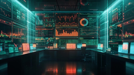 Obraz premium A computer room with many monitors and a large window