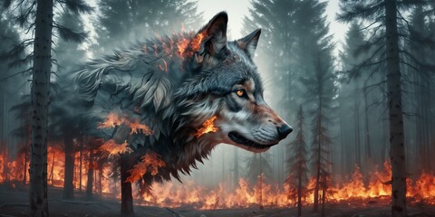 wolf with flames on its fur stands in a forest with trees on fire.