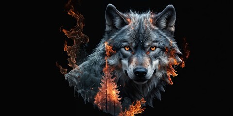 wolf with fire and smoke surrounding it, set against a black background. The wolf has yellow eyes and appears to be in mid-roar. The fire and smoke trails emanate from the wolf's mouth and ears.