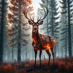 digital painting of a deer with glowing, flaming antlers and body, standing in a forest with tall pine trees. The deer appears to be on fire