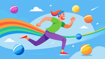 A player ducking and weaving through a rainbow of flying balls in a dodgeball tournament.. Vector illustration