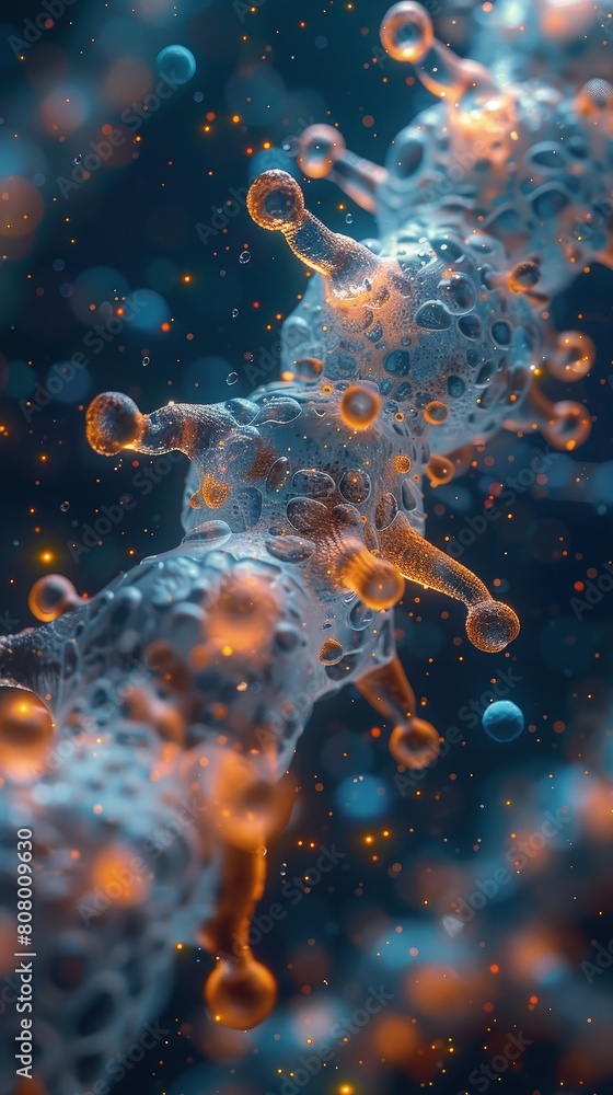 Poster detailed electron microscope image of a bacterium interacting with a nanoparticle.