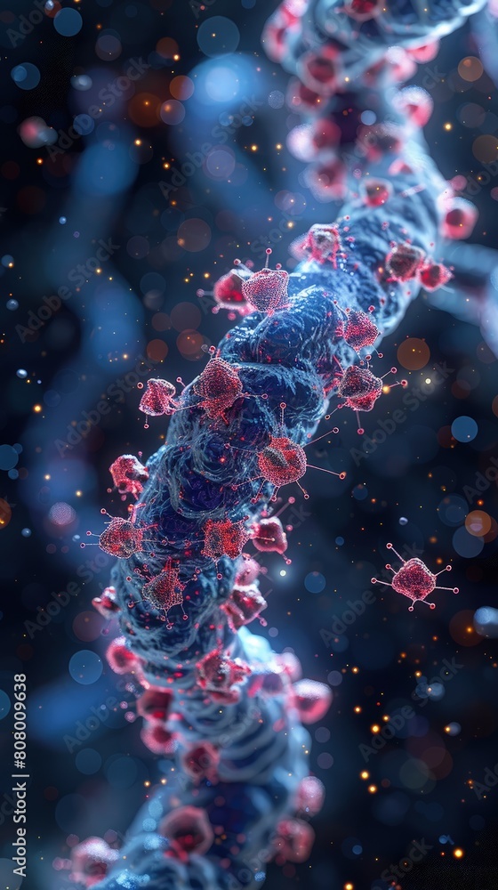 Poster detailed electron microscope image of a bacterium interacting with a nanoparticle.