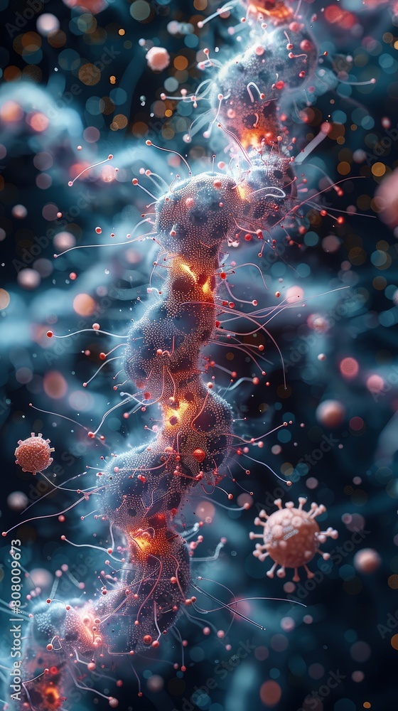 Poster detailed electron microscope image of a bacterium interacting with a nanoparticle.