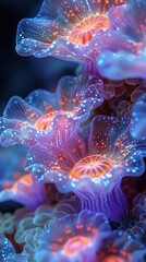 Deep-sea explorers encountering a rare coral species glowing under UV light.