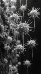 Obraz premium Detailed electron microscopy image of bacteriophages attacking a bacterial cell, in stark black and white.