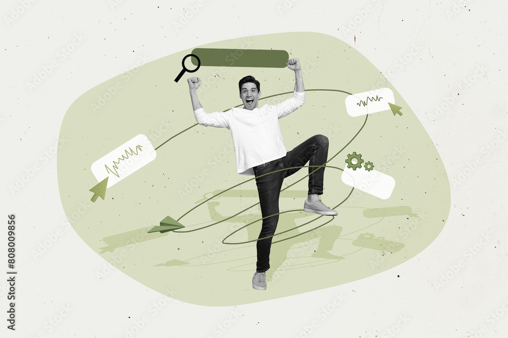 Poster Sketch image composite trend artwork 3D photo collage of workspace interface project cogwheel pointer click paper plane man research line