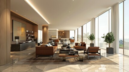 A modern lounge area with sleek furniture and large windows, contemporary relaxation