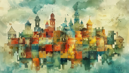 A painting of a cityscape with many buildings in different colors