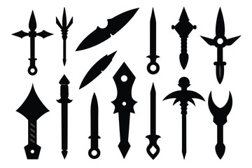 Set of Kunai Blade Icon, Ninja Weapons black Silhouette Design with white Background and Vector Illustration