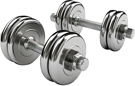 A pair of shiny metal dumbbells on a black background.
