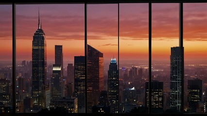 View of the New York City skyline from a skyscraper at sunset.