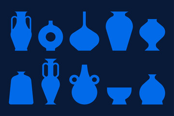 Silhouette set of blue pottery and vases