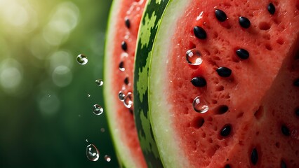 Watermelon slices with drops of water on background, closeup