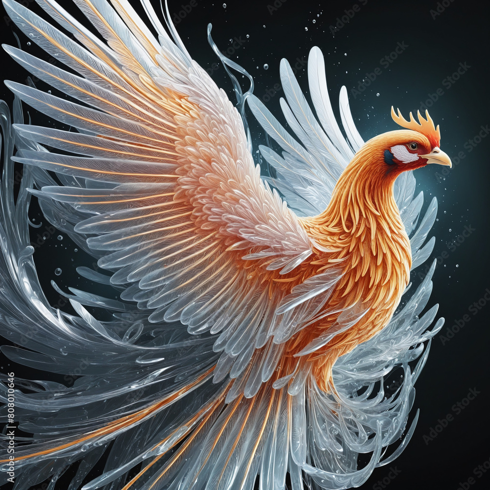 Poster ethereal phoenix plumes frozen in an abstract futuristic 3d texture isolated on a transparent backgr