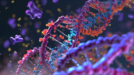 A blue and orange DNA strand with a lot of small dots. The image is abstract and has a futuristic feel to it